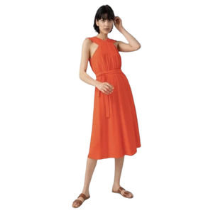 & Other Stories Orange Sleeveless Deep V-Back Tie Waist Midi Dress Size 6